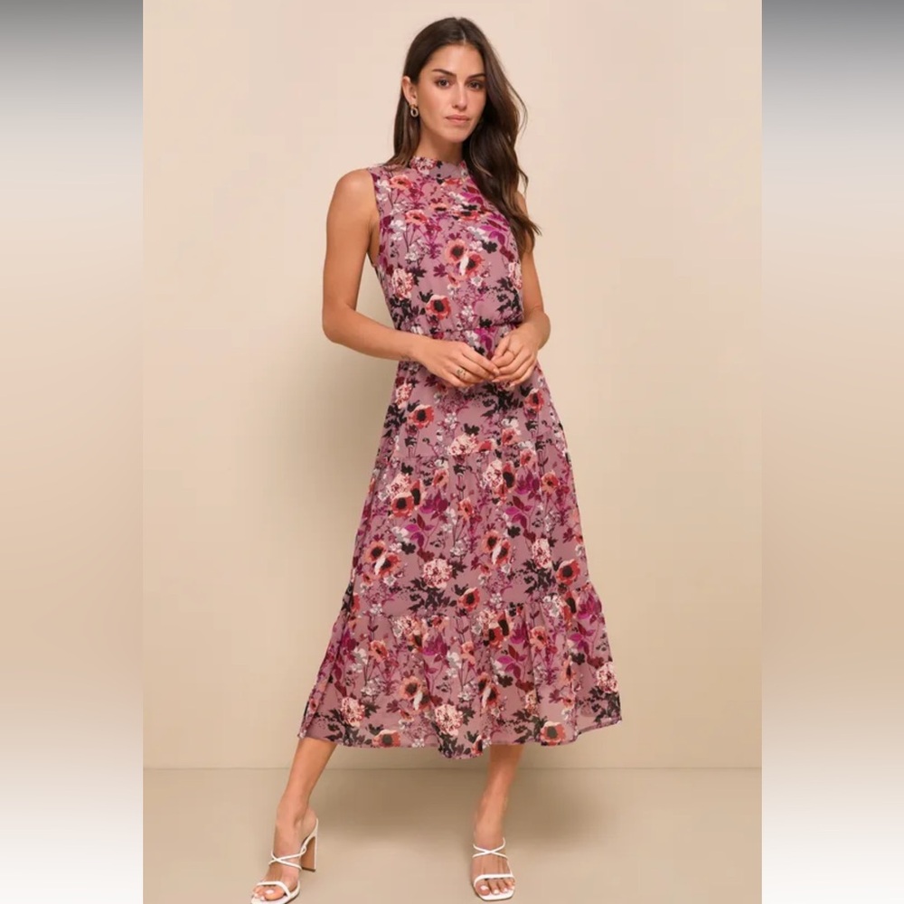 Lulus Mauve Floral Print Midi Dress